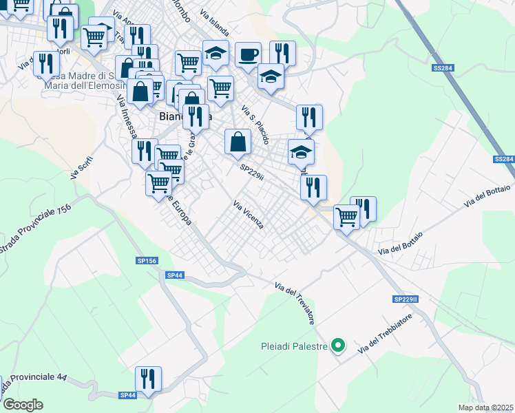 map of restaurants, bars, coffee shops, grocery stores, and more near 15 Via Avellino in Biancavilla