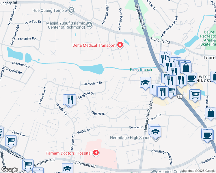 map of restaurants, bars, coffee shops, grocery stores, and more near 5600 Knockadoon Court in Richmond
