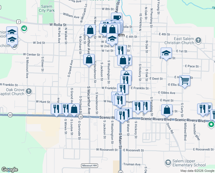 map of restaurants, bars, coffee shops, grocery stores, and more near 202 West Franklin Street in Salem