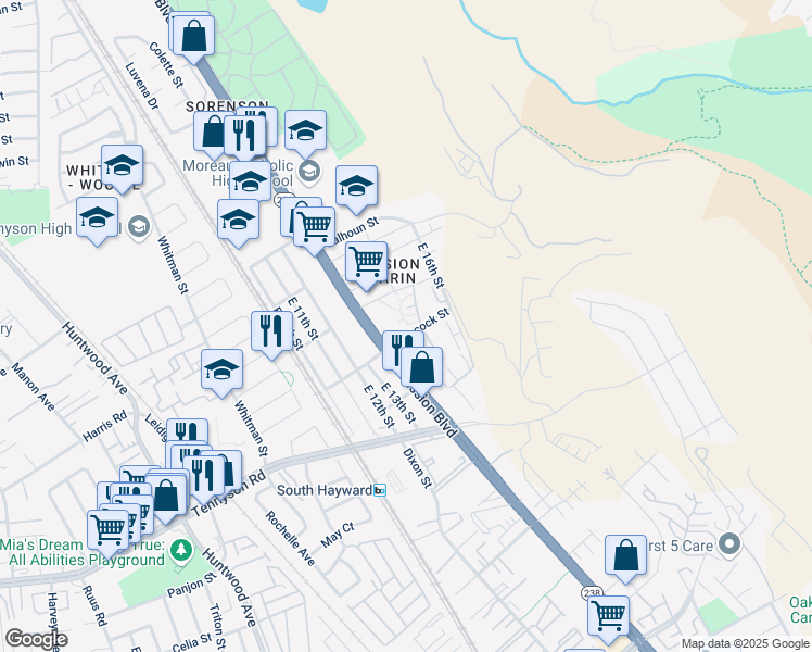 map of restaurants, bars, coffee shops, grocery stores, and more near 804 Hancock Street in Hayward