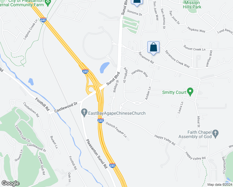 map of restaurants, bars, coffee shops, grocery stores, and more near 6788 Riddell Street in Pleasanton