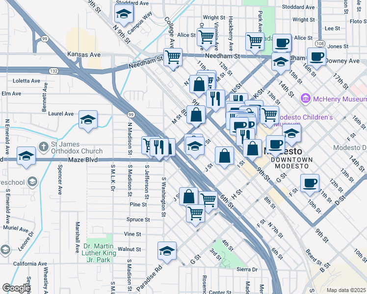 map of restaurants, bars, coffee shops, grocery stores, and more near 1113 7th Street in Modesto