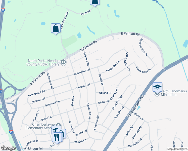 map of restaurants, bars, coffee shops, grocery stores, and more near 8407 Fredonia Road in Richmond