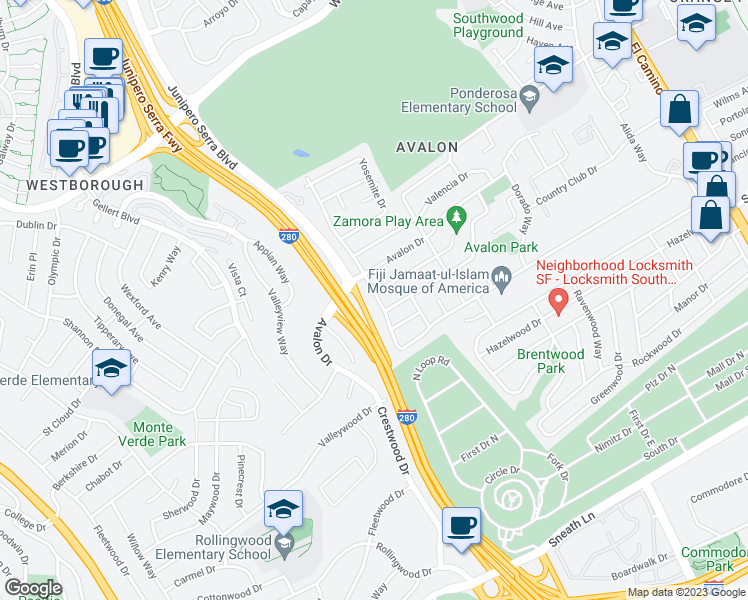 map of restaurants, bars, coffee shops, grocery stores, and more near 409 Valverde Drive in South San Francisco