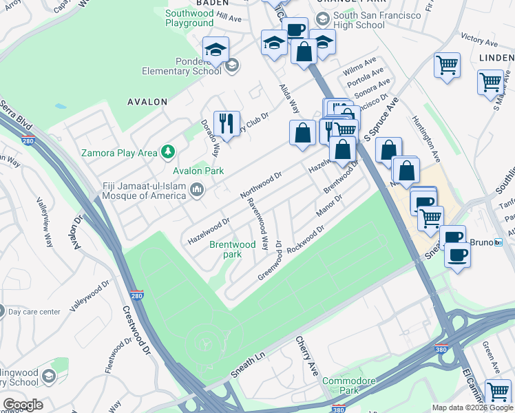 map of restaurants, bars, coffee shops, grocery stores, and more near 206 Ravenwood Way in South San Francisco