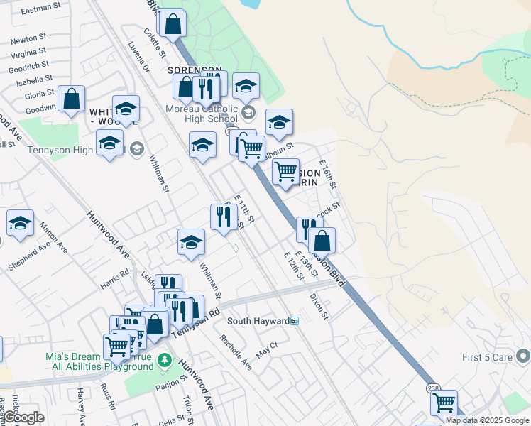 map of restaurants, bars, coffee shops, grocery stores, and more near 27904 East 12th Street in Hayward