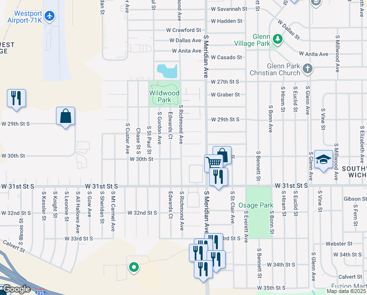 map of restaurants, bars, coffee shops, grocery stores, and more near 2539 West Southgate Street in Wichita