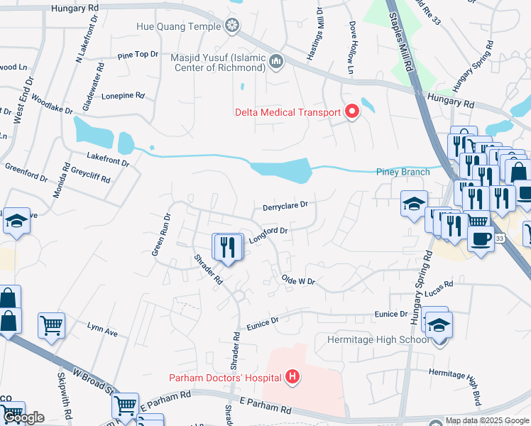 map of restaurants, bars, coffee shops, grocery stores, and more near 7623 Derryclare Drive in Richmond
