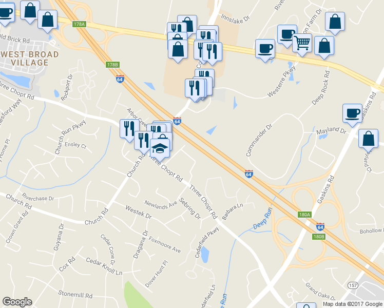 map of restaurants, bars, coffee shops, grocery stores, and more near 10978 Greenaire Place in Henrico