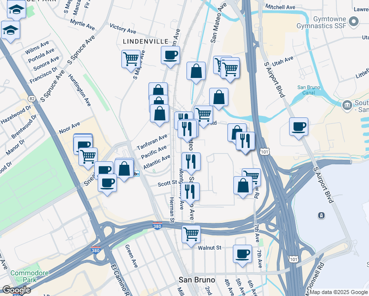 map of restaurants, bars, coffee shops, grocery stores, and more near 1212 Montgomery Avenue in San Bruno