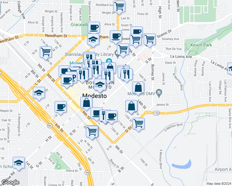 map of restaurants, bars, coffee shops, grocery stores, and more near 1220 G Street in Modesto