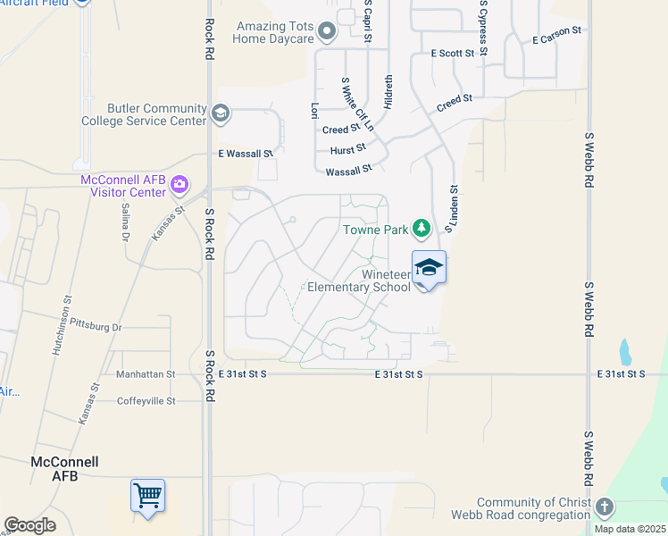 map of restaurants, bars, coffee shops, grocery stores, and more near 2949 Mitchell Drive in Wichita