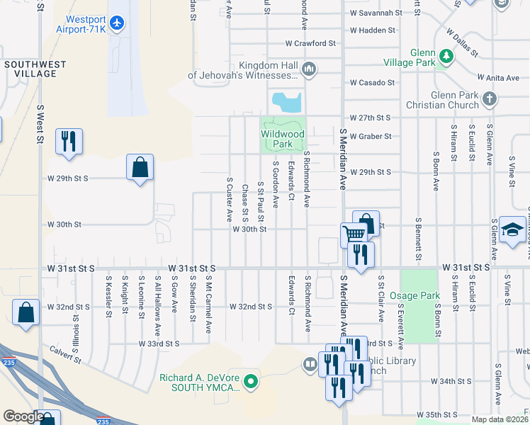 map of restaurants, bars, coffee shops, grocery stores, and more near 3032 South Saint Paul Street in Wichita