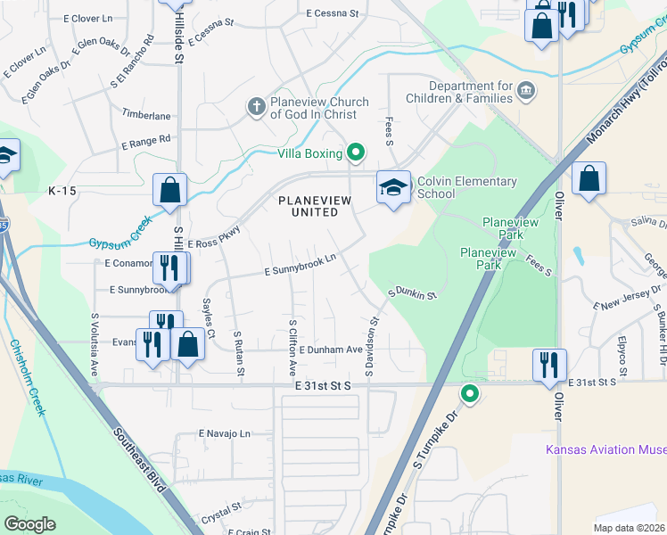 map of restaurants, bars, coffee shops, grocery stores, and more near 2929 South Davidson Street in Wichita