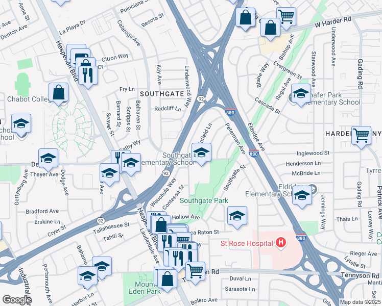 map of restaurants, bars, coffee shops, grocery stores, and more near 25867 Peterman Avenue in Hayward