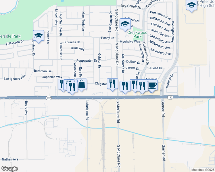 map of restaurants, bars, coffee shops, grocery stores, and more near 3400 Clogston Way in Modesto