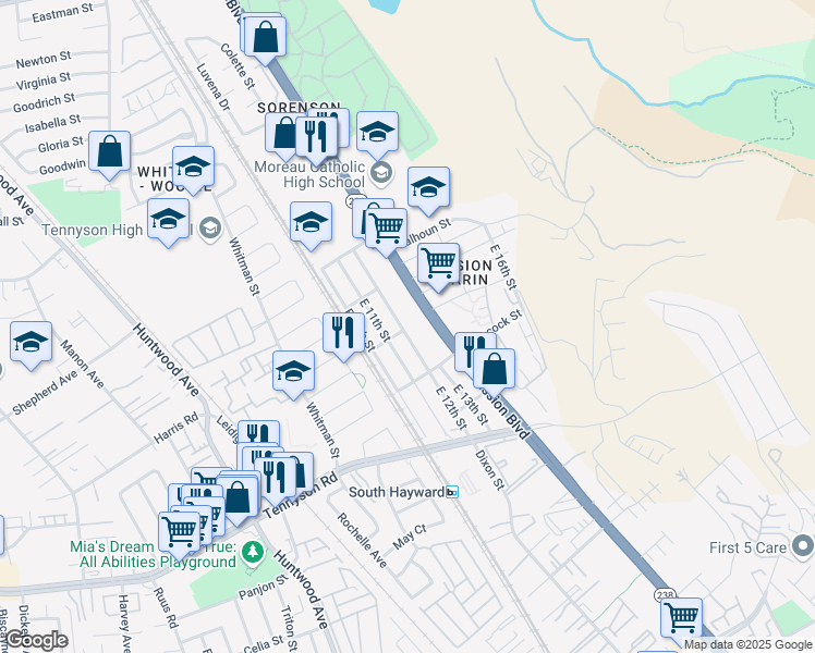 map of restaurants, bars, coffee shops, grocery stores, and more near 27904 East 12th Street in Hayward