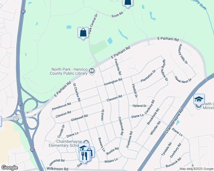 map of restaurants, bars, coffee shops, grocery stores, and more near 8415 Franconia Road in Richmond