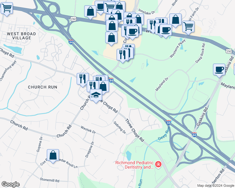 map of restaurants, bars, coffee shops, grocery stores, and more near 10986 Greenaire Place in Henrico