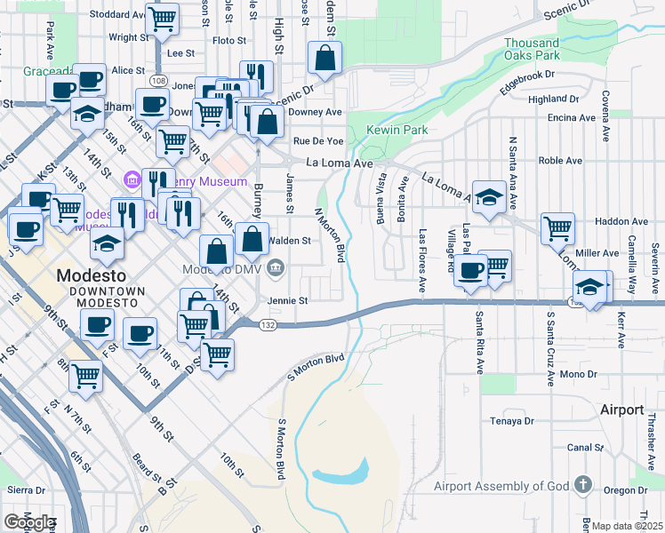 map of restaurants, bars, coffee shops, grocery stores, and more near 232 Kelley Street in Modesto