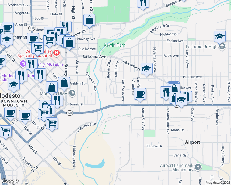 map of restaurants, bars, coffee shops, grocery stores, and more near 135 Bonita Circle in Modesto