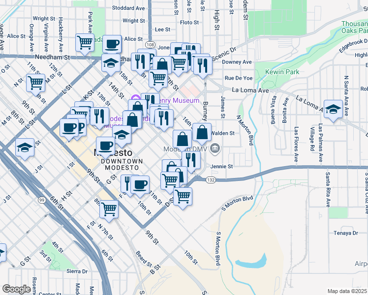 map of restaurants, bars, coffee shops, grocery stores, and more near 528 14th Street in Modesto