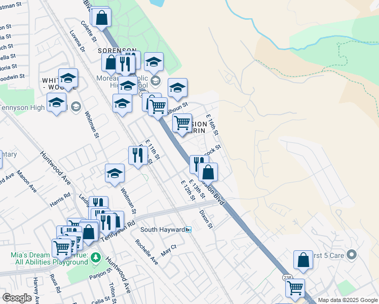 map of restaurants, bars, coffee shops, grocery stores, and more near 804 Hancock Street in Hayward