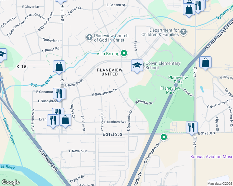 map of restaurants, bars, coffee shops, grocery stores, and more near 2929 S Davidson St in Wichita