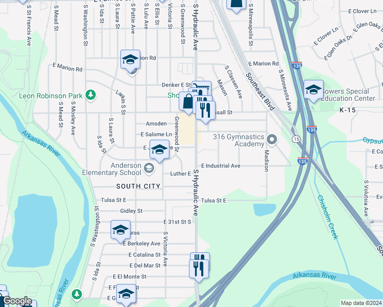 map of restaurants, bars, coffee shops, grocery stores, and more near 2917 South Hydraulic Avenue in Wichita