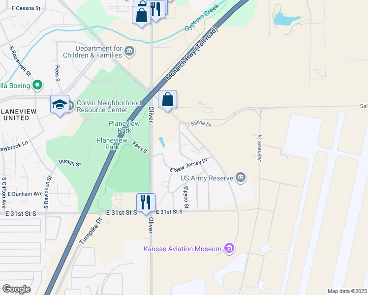 map of restaurants, bars, coffee shops, grocery stores, and more near 2926 South Bunker Hill Drive in Wichita