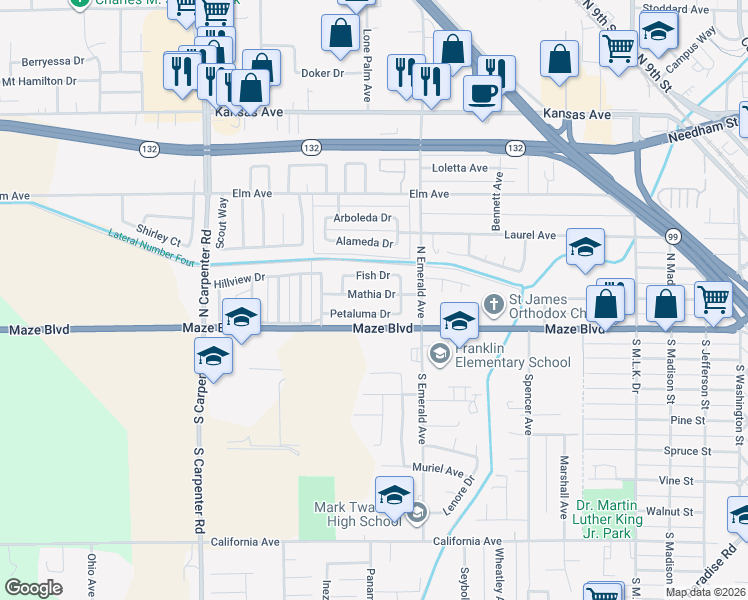 map of restaurants, bars, coffee shops, grocery stores, and more near 1028 Mathia Drive in Modesto