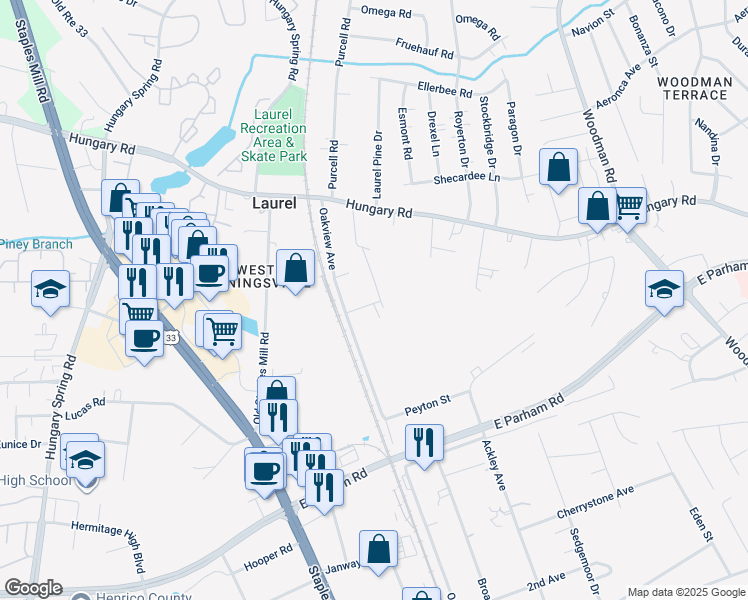 map of restaurants, bars, coffee shops, grocery stores, and more near 9109 Oakview Avenue in Richmond
