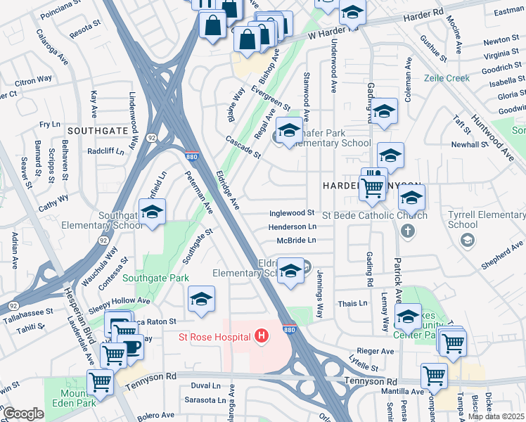 map of restaurants, bars, coffee shops, grocery stores, and more near 1361 Inglewood Street in Hayward
