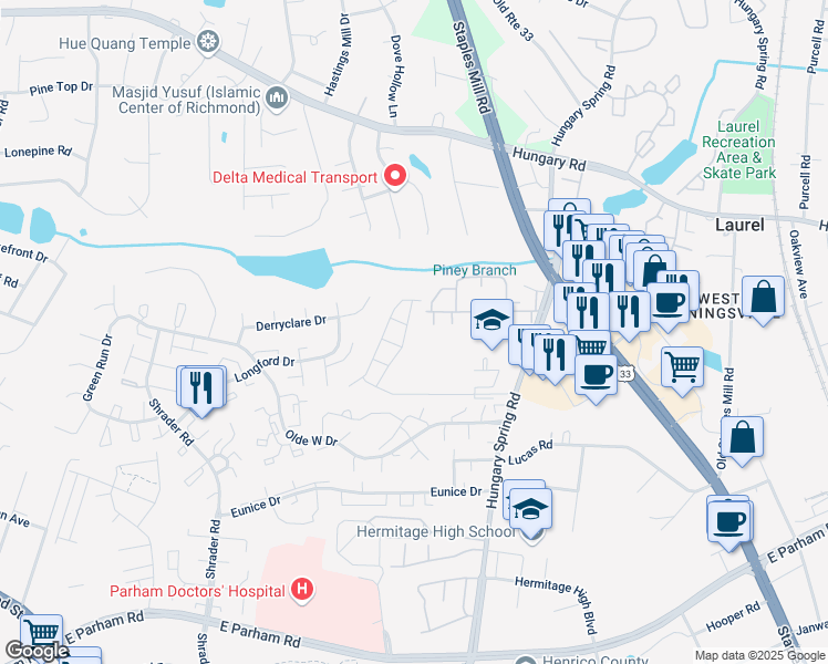 map of restaurants, bars, coffee shops, grocery stores, and more near 8657 Millstream Drive in Richmond