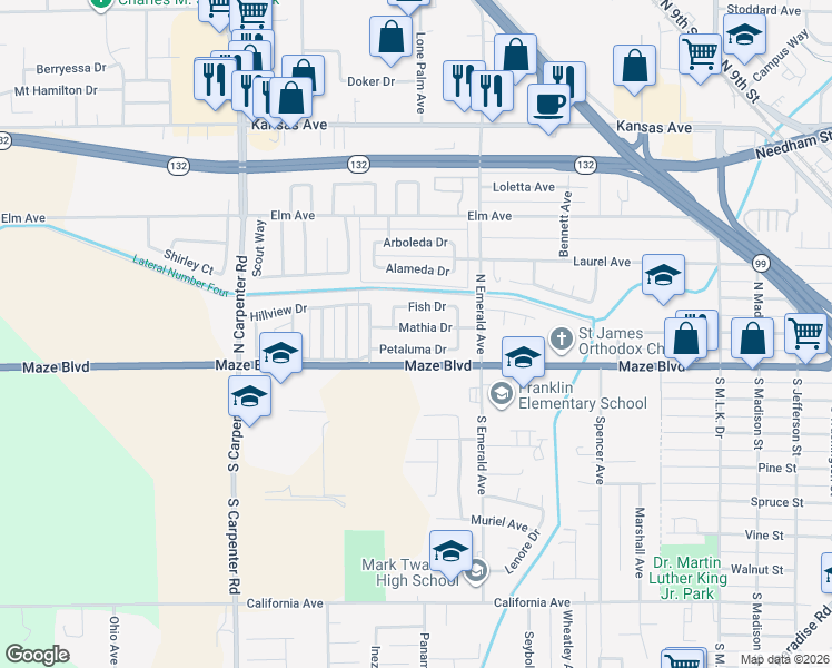 map of restaurants, bars, coffee shops, grocery stores, and more near 1028 Mathia Drive in Modesto