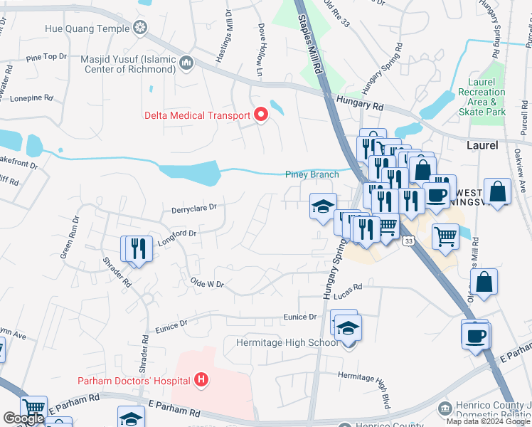 map of restaurants, bars, coffee shops, grocery stores, and more near 5601 Millwheel Way in Richmond
