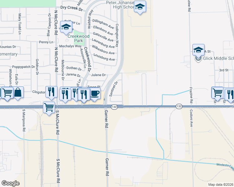 map of restaurants, bars, coffee shops, grocery stores, and more near 3901 Westfall Lane in Modesto