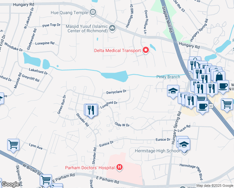 map of restaurants, bars, coffee shops, grocery stores, and more near 7613 Derryclare Drive in Richmond