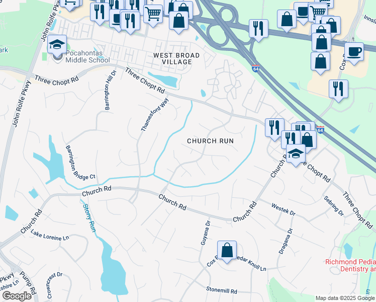 map of restaurants, bars, coffee shops, grocery stores, and more near 11313 Halbrooke Ct in Richmond