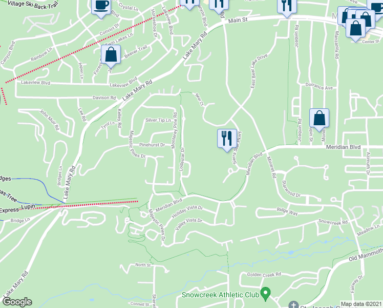 map of restaurants, bars, coffee shops, grocery stores, and more near 2000 Lodestar Drive in Mammoth Lakes