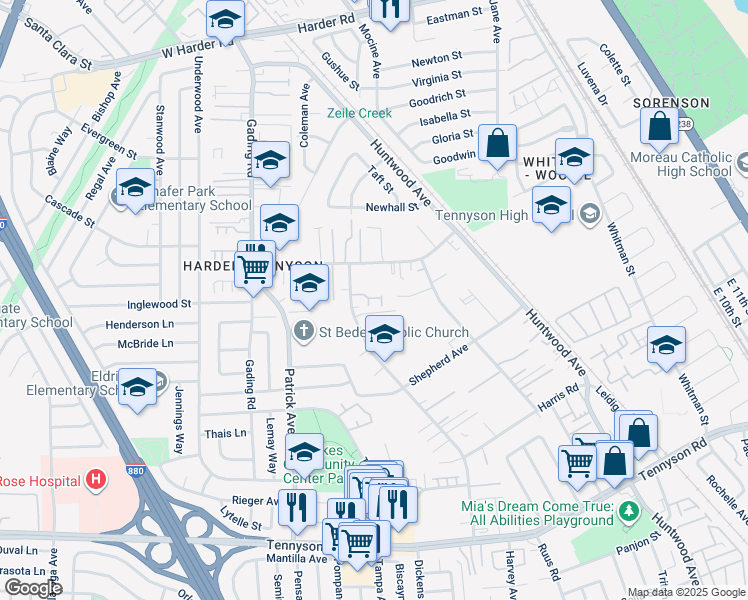 map of restaurants, bars, coffee shops, grocery stores, and more near in Hayward