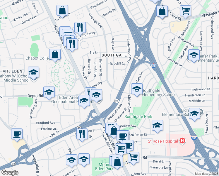 map of restaurants, bars, coffee shops, grocery stores, and more near 25961 Calaroga Avenue in Hayward