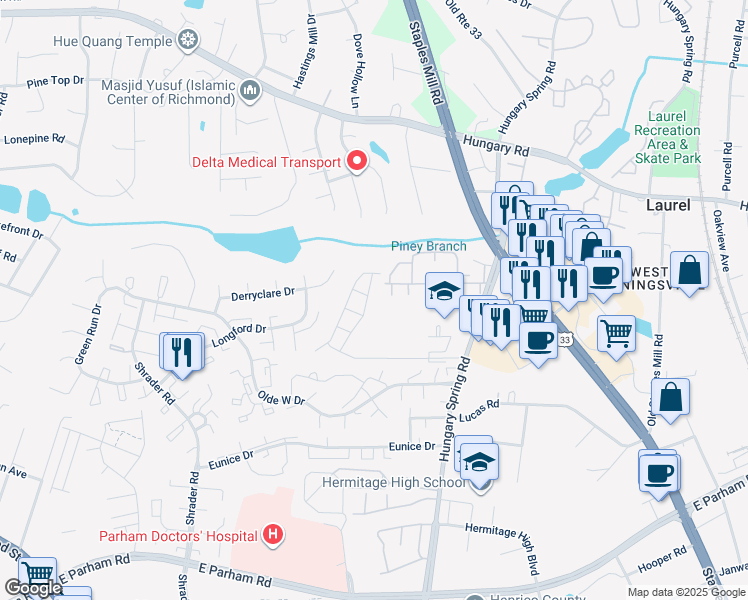 map of restaurants, bars, coffee shops, grocery stores, and more near 8659 Millstream Drive in Henrico