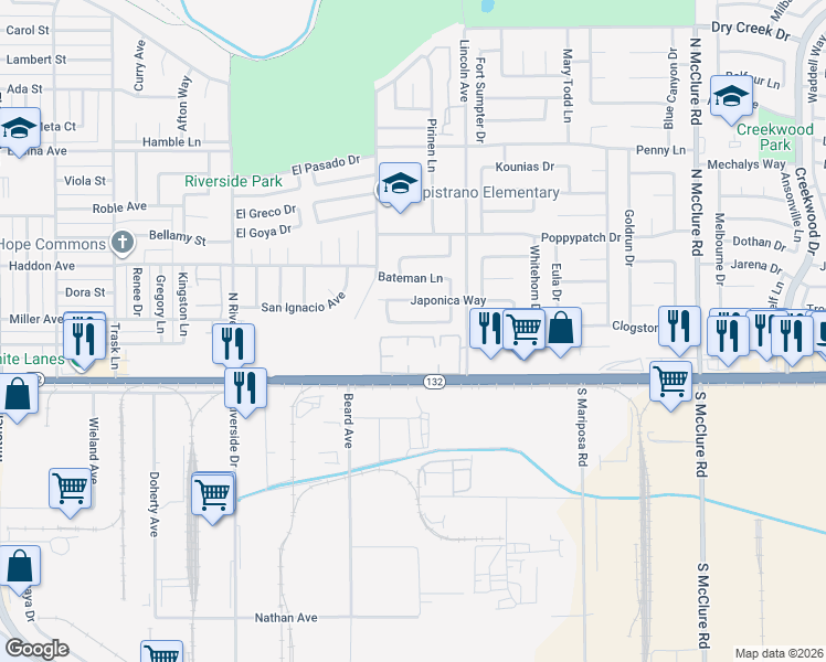 map of restaurants, bars, coffee shops, grocery stores, and more near 2904 Sugarpine Way in Modesto