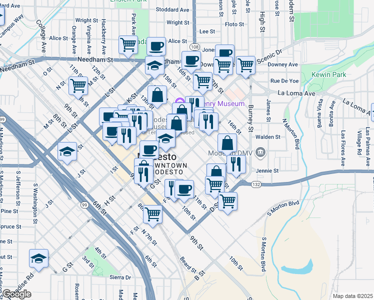 map of restaurants, bars, coffee shops, grocery stores, and more near 1215 G Street in Modesto