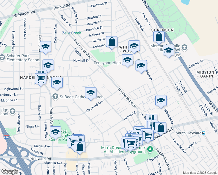 map of restaurants, bars, coffee shops, grocery stores, and more near 27133 Belvedere Court in Hayward