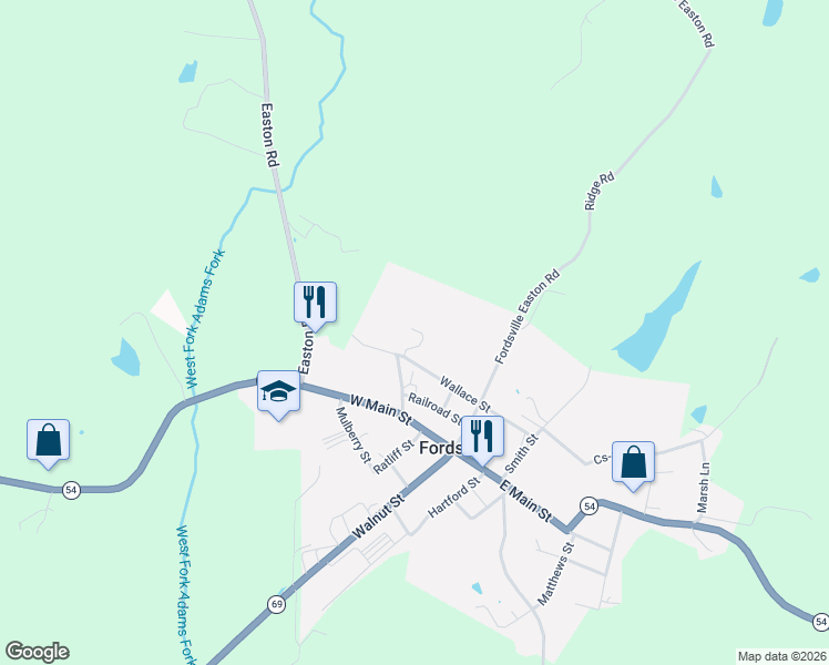 map of restaurants, bars, coffee shops, grocery stores, and more near Wallace Street in Fordsville