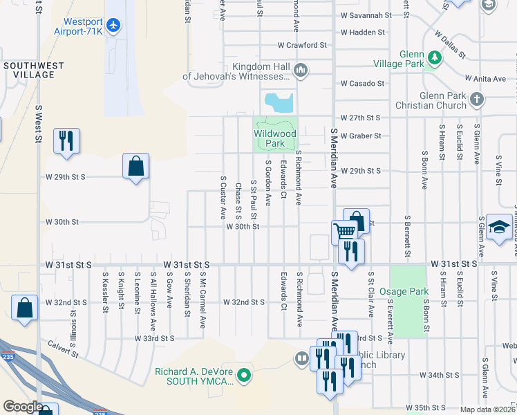 map of restaurants, bars, coffee shops, grocery stores, and more near 3032 South Saint Paul Street in Wichita