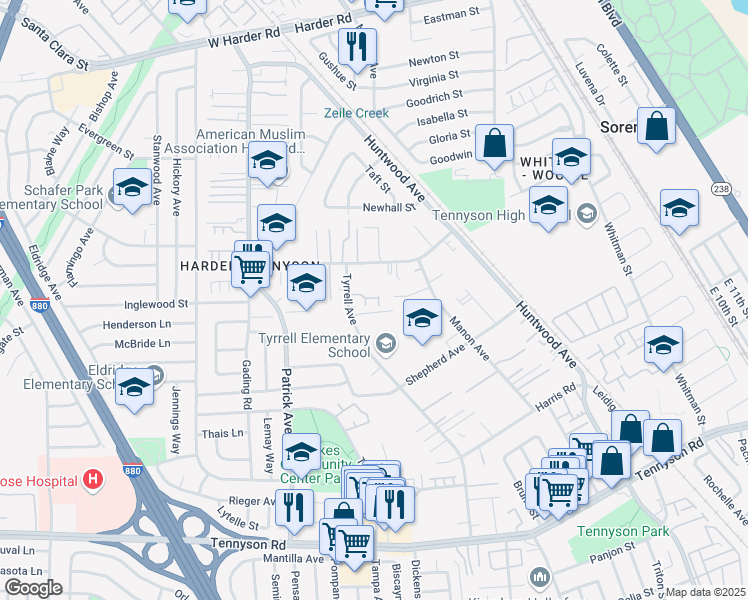 map of restaurants, bars, coffee shops, grocery stores, and more near 655 Foster Court in Hayward