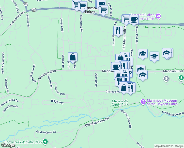 map of restaurants, bars, coffee shops, grocery stores, and more near 2251 Meridian Boulevard in Mammoth Lakes